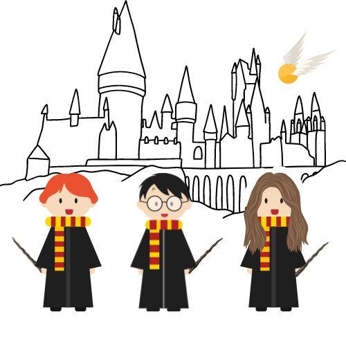 Harry, Hermoine, and Ron standing in front of Hogwarts